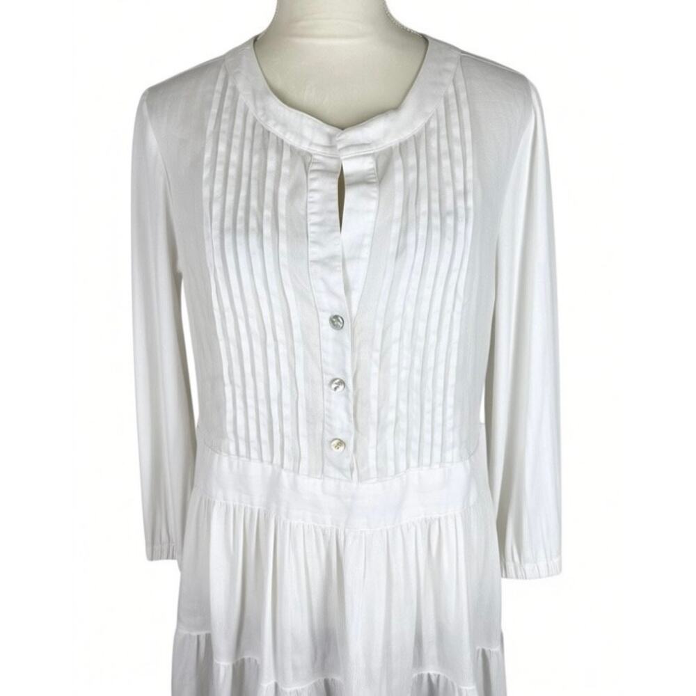 Finley 100% Linen White Mini Dress Long Sleeve Pleated V-Neck Button Size Large - Picture 6 of 8